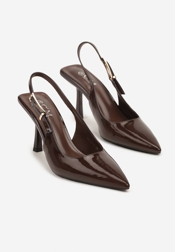 Renee - Brązowe Lakierowane Sandały Czółenka na Kaczuszce Slingback Silvesa. Okazja: na co dzień. Kolor: brązowy. Materiał: lakier. Obcas: na szpilce. Styl: klasyczny, casual, elegancki