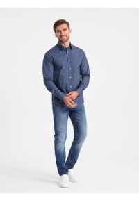 Ombre Clothing - Klasyczna męska bawełniana koszula SLIM FIT w palmy - ciemnoniebieska V5 OM-SHCS-0156 - XXL. Typ kołnierza: kołnierzyk klasyczny. Kolor: niebieski. Materiał: bawełna. Długość rękawa: długi rękaw. Długość: długie. Wzór: nadruk. Styl: klasyczny