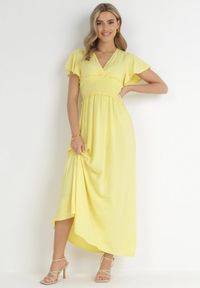 Born2be - Żółta Kopertowa Sukienka z Wiskozy z Gumką w Pasie Neroni. Kolor: żółty. Materiał: wiskoza. Typ sukienki: kopertowe. Długość: maxi #1