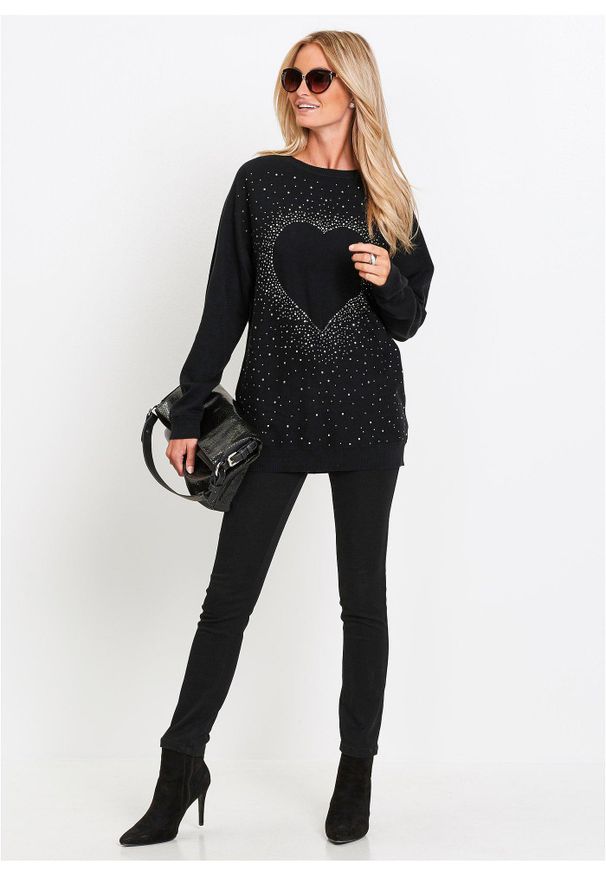 bonprix - Długi sweter z mieszanki bawełny. Typ kołnierza: dekolt w łódkę. Kolor: czarny. Materiał: bawełna. Długość: długie. Wzór: aplikacja. Styl: elegancki