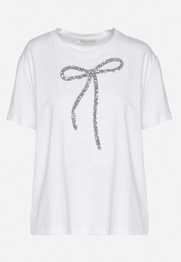 Born2be - Biały T-shirt Oversize z Bawełny Zdobiony Kokardą z Cekinów Tenesela. Okazja: na co dzień. Typ kołnierza: kokarda. Kolor: biały. Materiał: bawełna. Wzór: aplikacja. Styl: casual