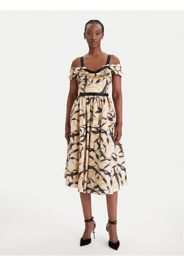 Elisabetta Franchi Sukienka koktajlowa AB-910-61E2-V590 Beżowy Regular Fit. Kolor: beżowy. Materiał: bawełna. Styl: wizytowy