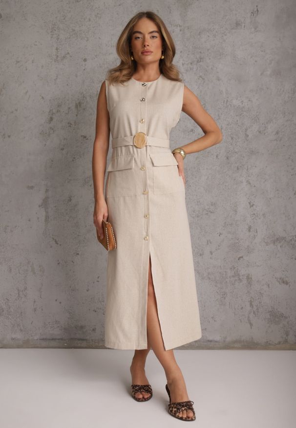 Renee - Jasnobeżowa Sukienka z Wiskozą i Lnem w Eleganckim Stylu z Paskiem z Ozdobą Coritia. Okazja: na co dzień. Kolor: beżowy. Materiał: len, wiskoza. Wzór: aplikacja. Sezon: lato. Typ sukienki: proste. Styl: elegancki