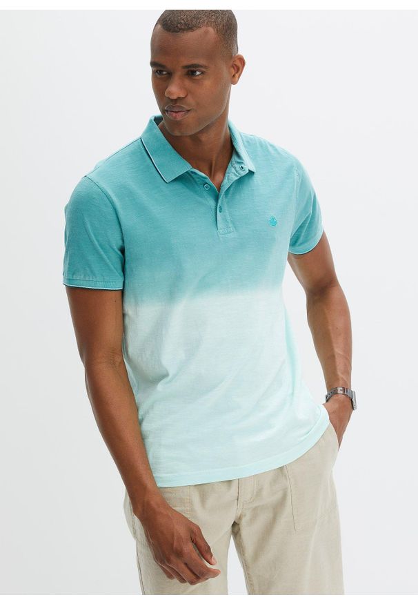 bonprix - Shirt polo z czystej bawełny. Typ kołnierza: polo. Kolor: niebieski. Materiał: bawełna