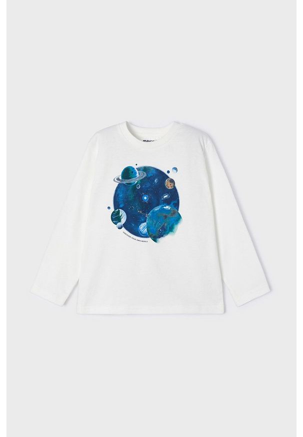 Mayoral longsleeve bawełniany dziecięcy kolor beżowy z nadrukiem. Kolor: beżowy. Materiał: bawełna. Długość rękawa: długi rękaw. Wzór: nadruk