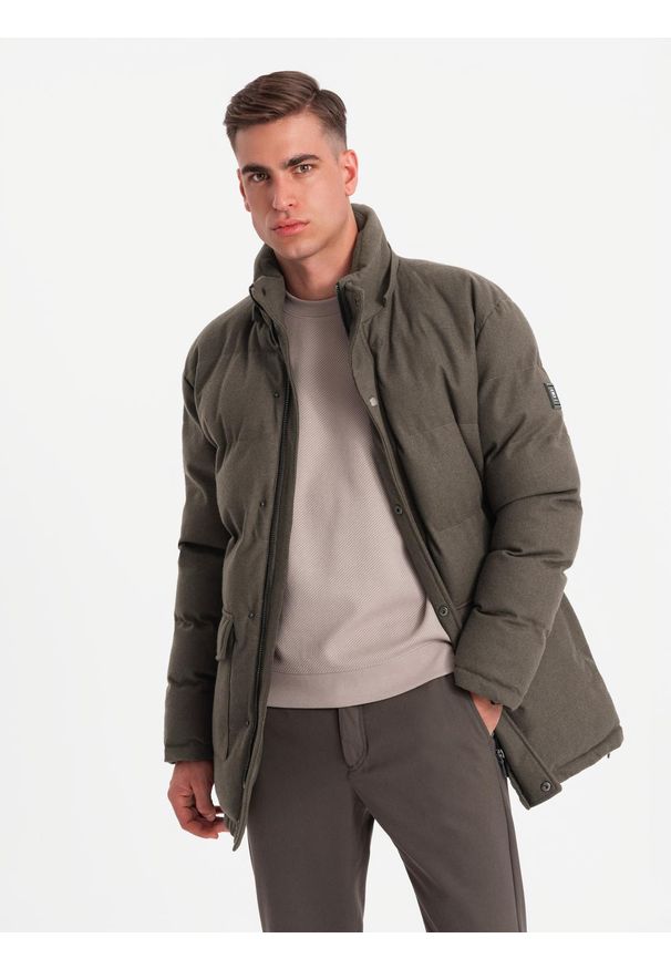 Ombre Clothing - Długa ciepła męska kurtka typu parka z wełną – ciemnooliwkowy melanż V4 OM-JALJ-0217 - XXL. Kolor: oliwkowy. Materiał: wełna. Długość: długie. Wzór: melanż