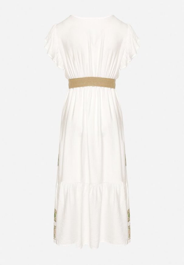 Born2be - Biało-Zielona Wiskozowa Sukienka z Paskiem w Ornamentny Wzór Nilorine. Okazja: na co dzień, na spacer. Kolor: zielony. Materiał: wiskoza. Typ sukienki: kopertowe. Styl: casual, elegancki, klasyczny