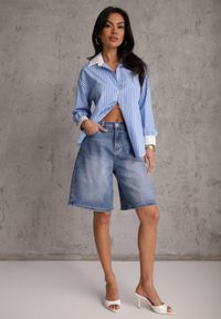 Renee - Niebieskie Szorty Jeansowe z Bawełny Jorts High Waist Sirenora. Okazja: na co dzień. Stan: podwyższony. Kolekcja: plus size. Kolor: niebieski. Materiał: jeans, bawełna. Wzór: gładki. Sezon: lato. Styl: casual #4