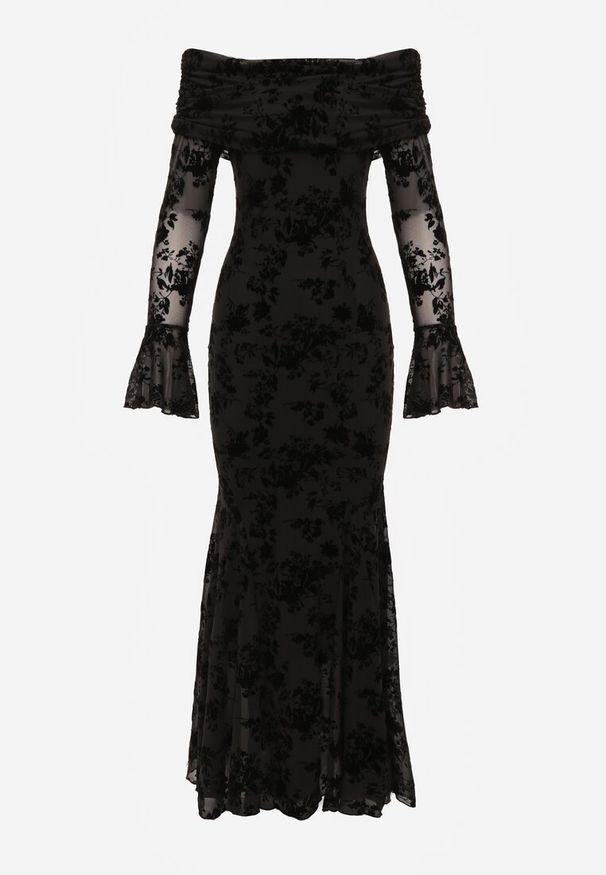 Born2be - Czarna Koktajlowa Sukienka VICES z Odkrytymi Ramionami i Welurowym Wzorem Drensyss. Kolor: czarny. Materiał: welur. Typ sukienki: z odkrytymi ramionami. Styl: wizytowy