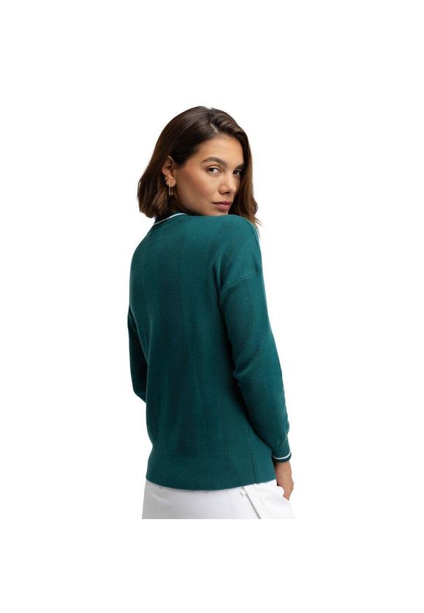 SIROKO - Damski sweter golfowy z dzianiny z dekoltem w serek Siroko Gimme Teal. Okazja: na co dzień. Typ kołnierza: dekolt w serek. Kolor: zielony. Materiał: dzianina. Styl: casual, sportowy