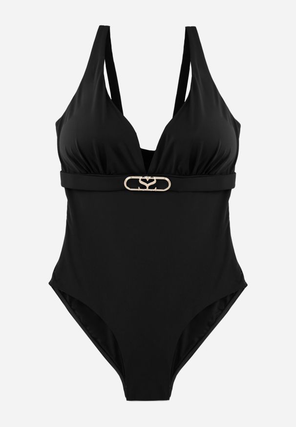 Born2be - Czarny Elegancki Strój Kąpielowy Jednoczęściowy z Metaliczną Aplikacją Vilinaith. Kolekcja: plus size. Kolor: czarny. Wzór: aplikacja