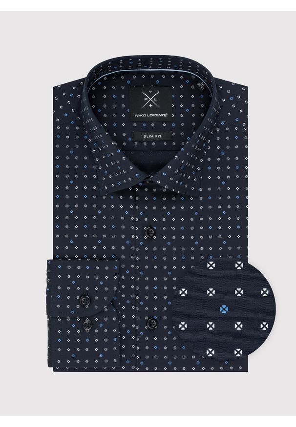Pako Lorente - PAKO LORENTE – Granatowa koszula męska w mikrowzór. Kolor: niebieski. Materiał: elastan, bawełna. Długość rękawa: długi rękaw. Długość: długie. Sezon: wiosna, lato