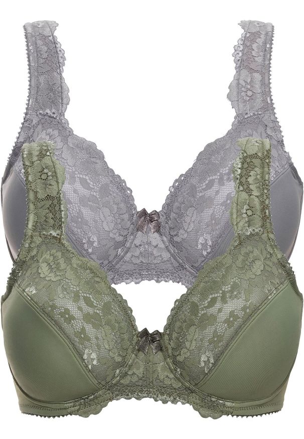 bonprix - Biustonosz minimizer z wyściełanymi ramiączkami (2 szt.). Kolor: zielony. Materiał: koronka. Rodzaj stanika: wyściełane miseczki, różne sposoby noszenia. Wzór: koronka