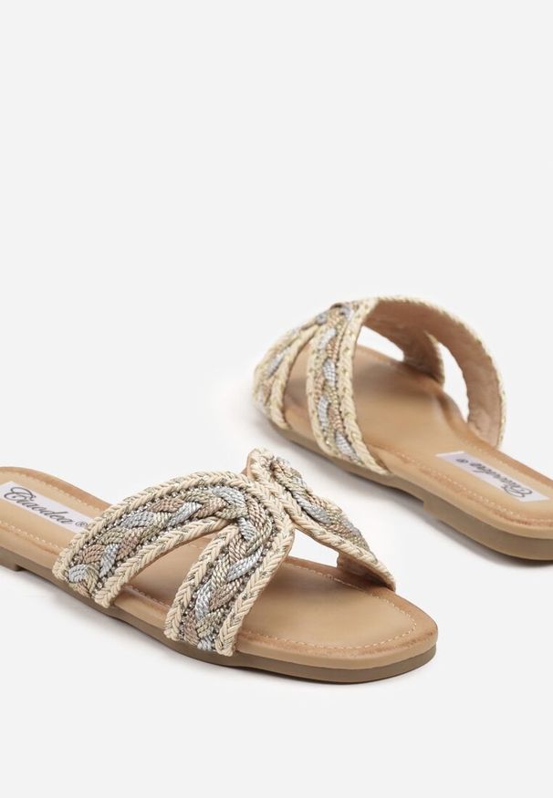 Born2be - Beżowe Klapki z Plecionką w Stylu Boho Felmirella. Okazja: na co dzień. Kolor: beżowy. Materiał: jeans. Styl: boho