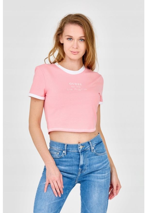 Guess - GUESS Różowy damski crop top, Rozmiar L. Kolor: różowy. Materiał: bawełna. Długość: krótkie