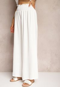 Renee - Białe Spodnie High Waist z Szerokimi Nogawkami i Gumką w Pasie Risabessa. Okazja: na co dzień. Stan: podwyższony. Kolor: biały. Styl: elegancki, casual