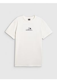 4f - 4F T-shirt oversize z nadrukiem damski - beżowy XS. Okazja: na co dzień. Kolor: beżowy. Materiał: dzianina. Wzór: nadruk. Styl: casual