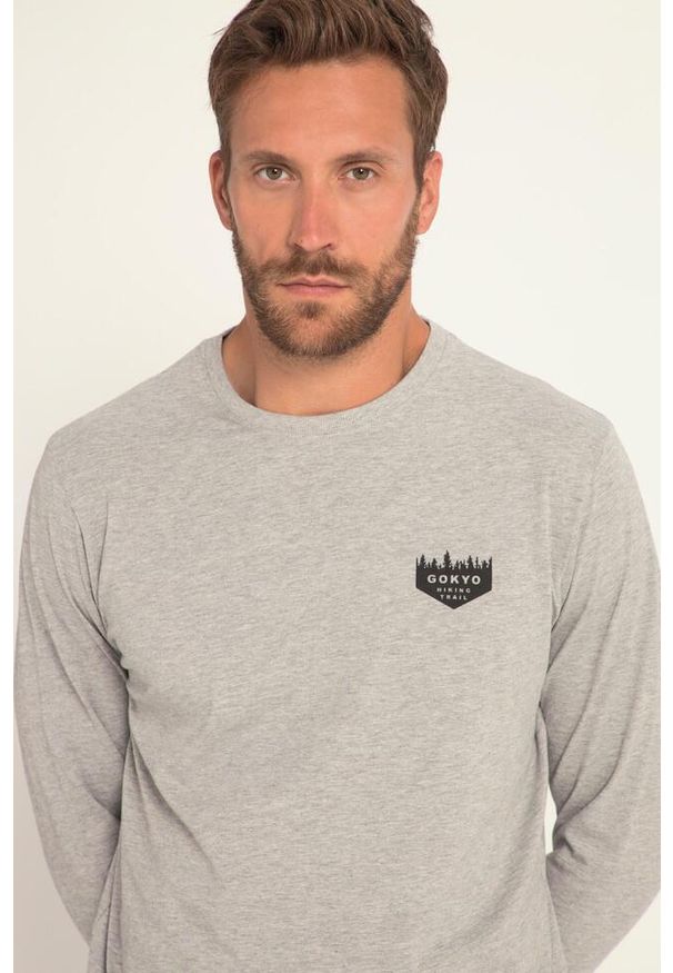 JAY-PI - Męska Bluza z długim rękawem outdoor okrągły dekolt nadruk z tyłu Gokyo. Kolekcja: plus size. Kolor: szary. Materiał: wiskoza, materiał, bawełna. Długość rękawa: długi rękaw. Długość: długie. Wzór: nadruk. Sport: outdoor