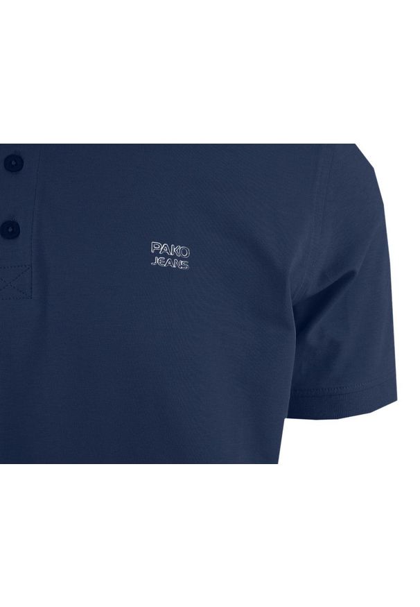 Męski T-Shirt (Koszulka) z Dekoltem na Guziki - Pako Jeans - Granat. Okazja: na co dzień. Kolor: niebieski. Materiał: bawełna, elastan. Styl: casual