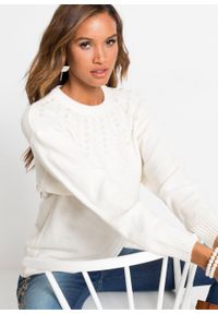 Sweter z perełkami bonprix biel wełny. Kolor: biały. Materiał: wełna, poliester, elastan, materiał, akryl #2