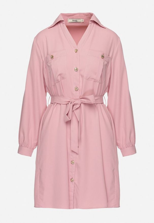 Born2be - Różowa Rozkloszowana Sukienka Koszulowa z Wiązanym Paskiem Vinala. Okazja: na co dzień. Kolor: różowy. Materiał: materiał. Typ sukienki: koszulowe. Styl: casual