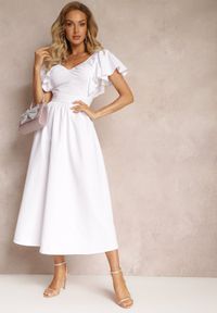 Renee - Biała Taliowana Sukienka Maxi z Falbanami Giftis. Kolor: biały. Wzór: aplikacja. Długość: maxi