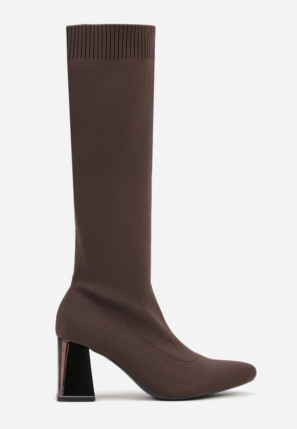 Renee - Brązowe Eleganckie Kozaki VICES na Metalicznym Obcasie ze Skarpetkową Cholewką Nalaina. Okazja: na co dzień. Kolor: brązowy. Materiał: skóra. Szerokość cholewki: normalna. Obcas: na obcasie. Styl: elegancki. Wysokość obcasa: średni