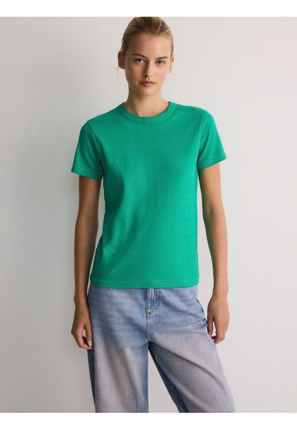 Reserved - T-shirt HEAVY COTTON - jasnozielony. Kolor: zielony. Materiał: bawełna, dzianina. Wzór: ze splotem
