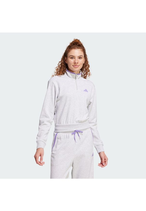 Adidas - Bluza dresowa Essentials Color Pop French Terry Crop Quarter-Zip. Kolor: szary. Materiał: dresówka. Długość rękawa: długi rękaw. Długość: krótkie. Sport: fitness