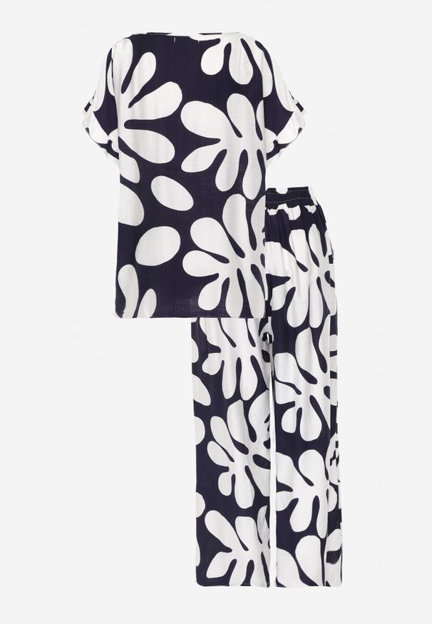 Born2be - Niebieski Komplet z Wiskozy Bluzka z Falbankami i Szerokie Spodnie w Liście Thalla. Kolor: niebieski. Materiał: wiskoza