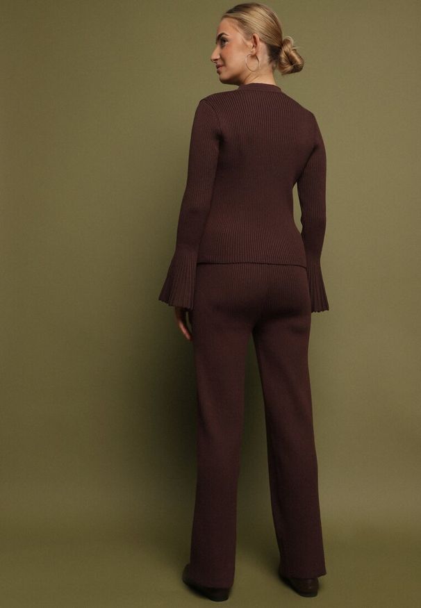 Born2be - Brązowy Dzianinowy Komplet z Wiskozą Kardigan i Szerokie Spodnie Conella. Kolor: brązowy. Materiał: wiskoza, dzianina