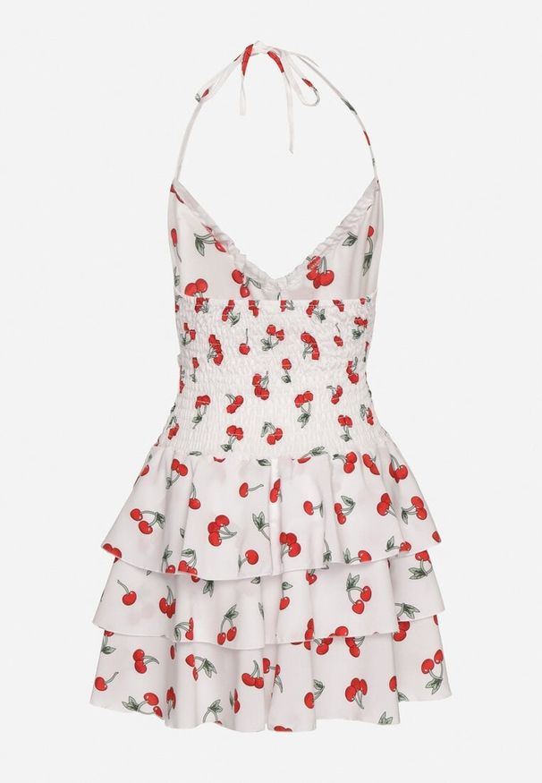 Born2be - Biała Rozkloszowana Sukienka w Wisienki z Falbankami i Dekoltem Halter Lanideia. Okazja: na spacer, na imprezę, na co dzień. Typ kołnierza: kołnierz z falbankami, dekolt halter. Kolor: biały. Materiał: bawełna. Sezon: lato. Typ sukienki: rozkloszowane. Styl: casual