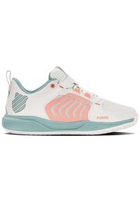 Buty do tenisa damskie K-Swiss Ultrashot Team Allcourt. Zapięcie: sznurówki. Kolor: biały, beżowy, niebieski, wielokolorowy. Materiał: materiał, tkanina, syntetyk. Szerokość cholewki: normalna. Sport: tenis