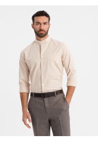 Ombre Clothing - Koszula męska lniana ze stójką i kieszenią REGULAR FIT – kremowa V3 - Rozmiar: M. Okazja: na co dzień. Typ kołnierza: kołnierzyk stójkowy. Kolor: kremowy. Materiał: len. Długość rękawa: długi rękaw. Długość: długie. Sezon: wiosna, lato. Styl: casual