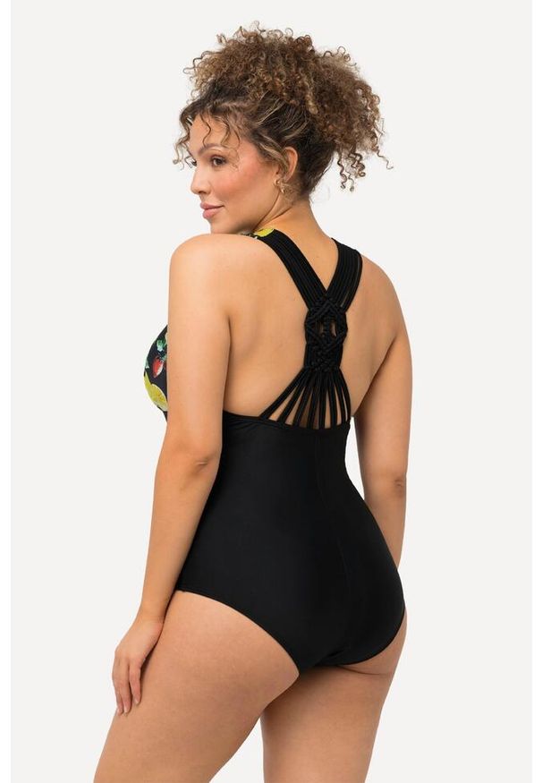 ULLA POPKEN - Damski Kostium kąpielowy cytryny miękkie miseczki makramowa wstawka. Kolekcja: plus size. Kolor: czarny. Materiał: poliamid, materiał, elastan