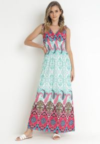 Born2be - Miętowo-Różowa Sukienka z Szeroką Gumką w Talii w Etno Wzór Caroli. Kolor: miętowy. Styl: etno #1