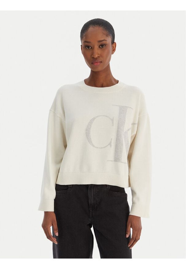 Calvin Klein Jeans Sweter Smooth LV047E304G Beżowy Regular Fit. Kolor: beżowy. Materiał: bawełna