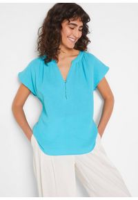 bonprix - Bluzka muślinowa z krótkim rękawem, z czystej bawełny. Typ kołnierza: dekolt w serek. Kolor: niebieski. Materiał: bawełna. Długość rękawa: krótki rękaw. Długość: krótkie #1