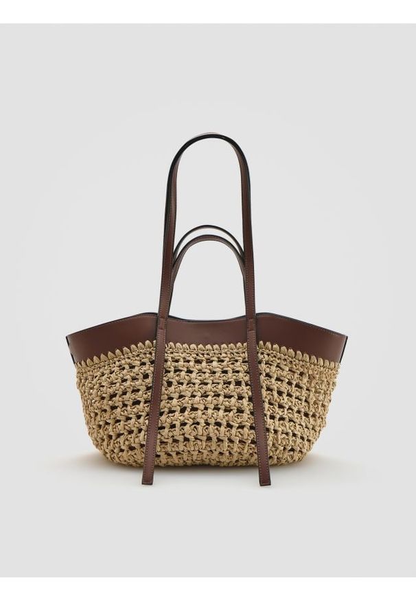 Reserved - Pleciona torebka shopper - brązowy. Kolor: brązowy. Materiał: skórzane