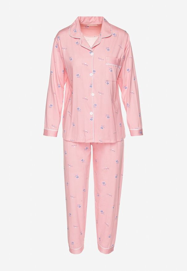 Born2be - Różowy Bawełniany Komplet Piżamowy Koszula na Guziki z Kieszonką Spodnie z Gumką w Pasie Vaimora. Kolor: różowy. Materiał: bawełna. Długość: długie