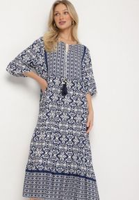 Born2be - Granatowa Bawełniana Sukienka w Stylu Boho z Wiązaniem Przy Dekolcie Orradelle. Okazja: na co dzień. Kolor: niebieski. Materiał: bawełna. Typ sukienki: proste. Styl: boho #5