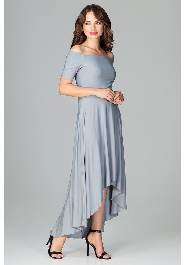 Lenitif - Asymetryczna sukienka z odkrytymi ramionami szara. Kolor: szary. Materiał: tkanina. Wzór: gładki. Typ sukienki: asymetryczne, z odkrytymi ramionami. Styl: elegancki