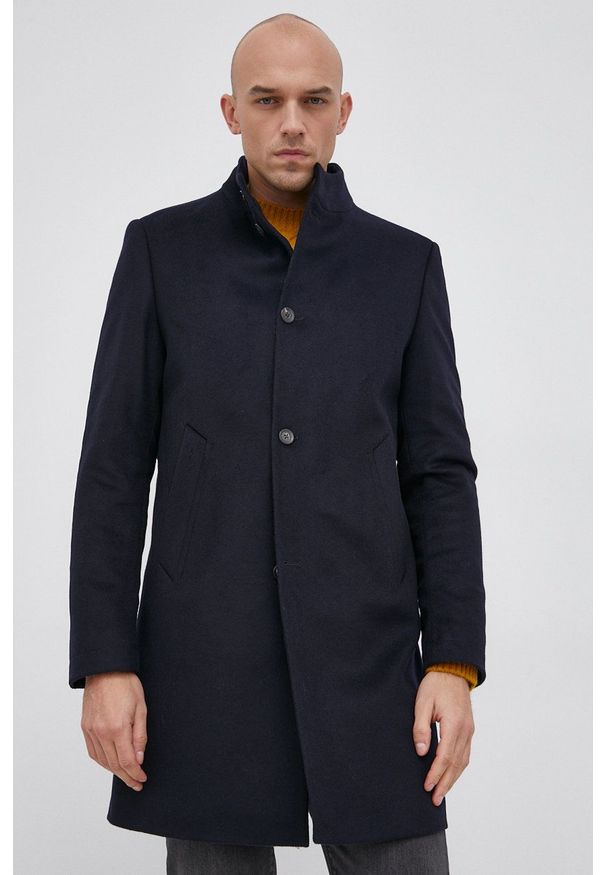 TOMMY HILFIGER - Tommy Hilfiger - Płaszcz wełniany. Okazja: na co dzień. Kolor: niebieski. Materiał: wełna. Wzór: gładki. Styl: casual