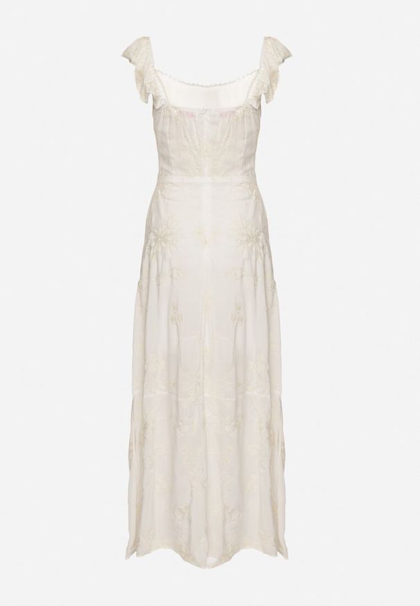 Born2be - Biała Wiskozowa Sukienka Ozdobiona Haftami i Falbankami Lumionea. Typ kołnierza: kołnierz z falbankami. Kolor: biały. Materiał: wiskoza. Wzór: haft, aplikacja. Styl: elegancki