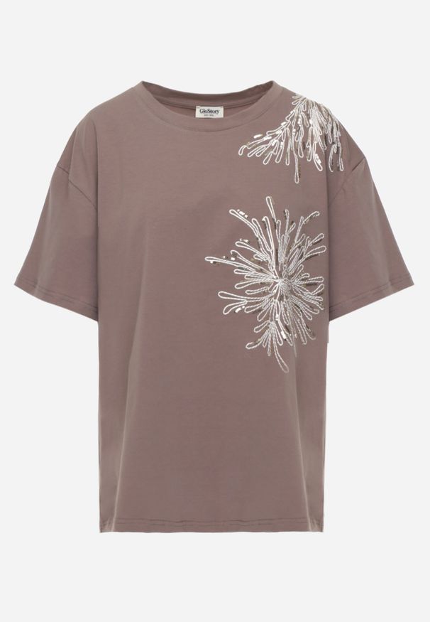 Born2be - Brązowy T-shirt Bawełniany z Ozdobnymi Cekinami Greyfeather. Okazja: na co dzień, na spotkanie biznesowe, do pracy. Kolekcja: plus size. Kolor: brązowy. Materiał: bawełna. Długość: długie. Wzór: gładki. Styl: biznesowy, casual, elegancki