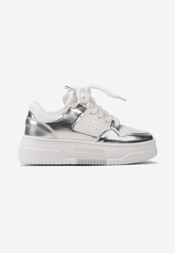 Born2be - Biało-Srebrne Sneakersy na Platformie z Szerokimi Sznurówkami Ferinal. Wysokość cholewki: przed kostkę. Zapięcie: sznurówki. Kolor: biały. Szerokość cholewki: normalna. Obcas: na platformie
