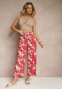 Renee - Czerwone Spodnie z Bawełny o Szerokim Kroju High Waist w Liście Edirive. Okazja: na spotkanie biznesowe. Stan: podwyższony. Kolor: czerwony. Materiał: bawełna. Sezon: lato. Styl: biznesowy, klasyczny, elegancki