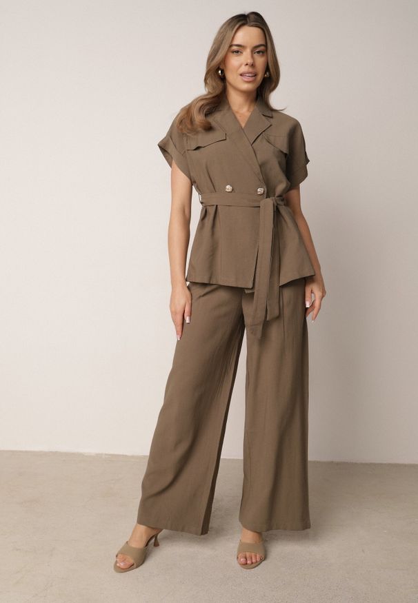 Born2be - Zielony Letni Komplet z Wiskozy i Lnu Szerokie Spodnie i Bluzka z Wiązaniem Pesalia. Kolor: zielony. Materiał: wiskoza, len