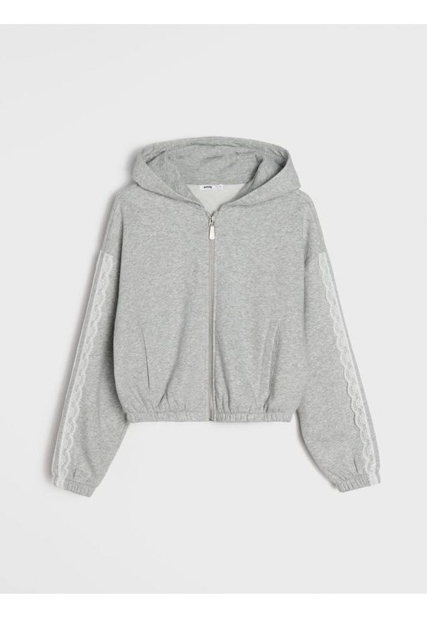 Sinsay - Rozpinana bluza z kapturem z ozdobną koronką - szary. Typ kołnierza: kaptur. Kolor: szary. Materiał: koronka. Wzór: koronka