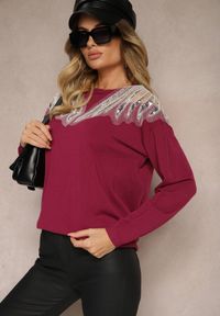 Renee - Fioletowy Sweter z Wiskozą Ozdobiony Koralikami i Cekinami Nevarita. Okazja: na co dzień. Kolor: fioletowy. Materiał: wiskoza. Długość rękawa: długi rękaw. Długość: długie. Wzór: aplikacja. Sezon: zima, jesień. Styl: elegancki, casual